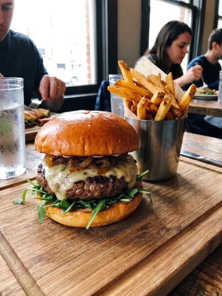 Photo de burger améliorée par IA FotoResto, cadrage et décor d'origine conservés