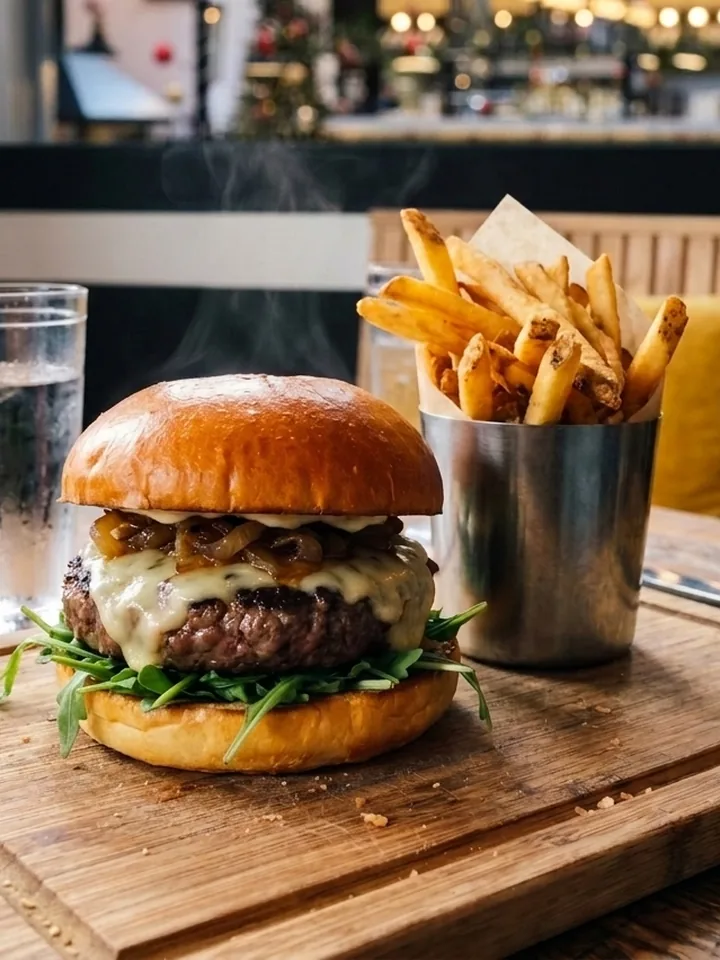 Burger mis en scène dans le vrai décor du restaurant par FotoResto